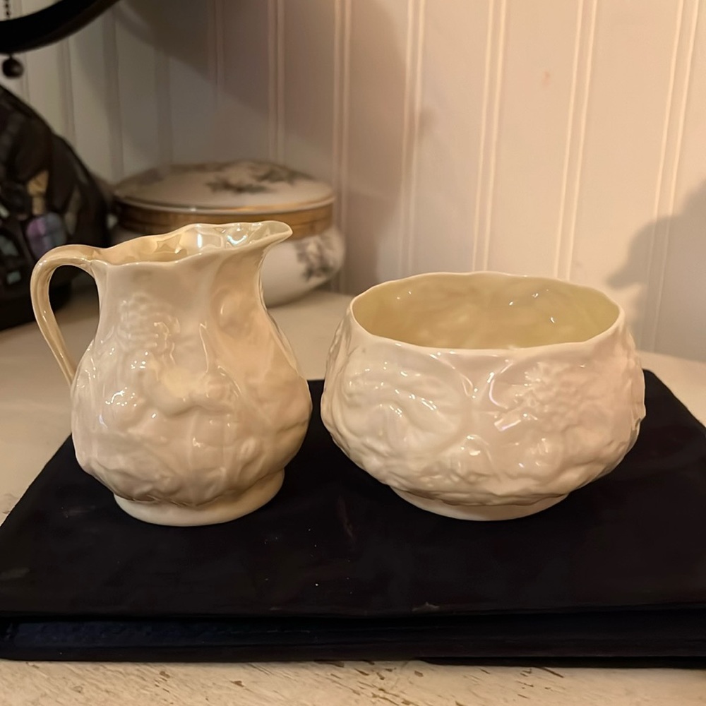 Black mark Belleek sugar and creamer Ireland porcelain